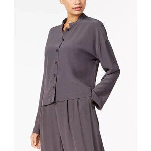 Eileen Fisher Mandarin Collar Long Sleeve Shirt M Gray Tencel Top Lagenlook Chic